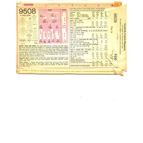 Simplicity 9508 Misses Retro Tunic & Pants Sewing Pattern Sizes 14 Bust 36 Compl - Picture 2 of 4